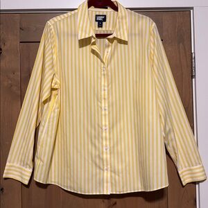 Lands’ End Womens Button-Down Shirt Womens 18 No Iron Yellow & White Stripe